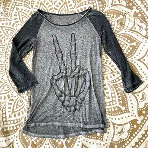 2010’s Skeleton Hand Peace Sign Baseball Three Quarter Length Lightweight Tee